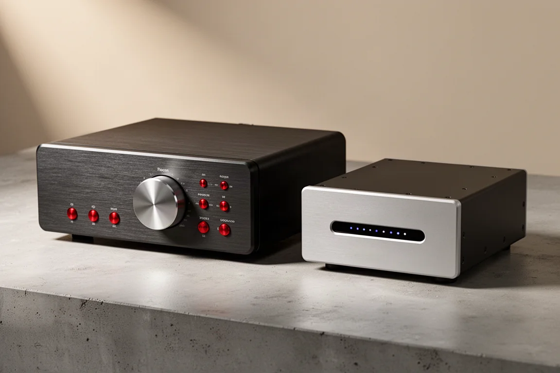 Two compact Burson amplifier units on a matte concrete surface in soft studio light