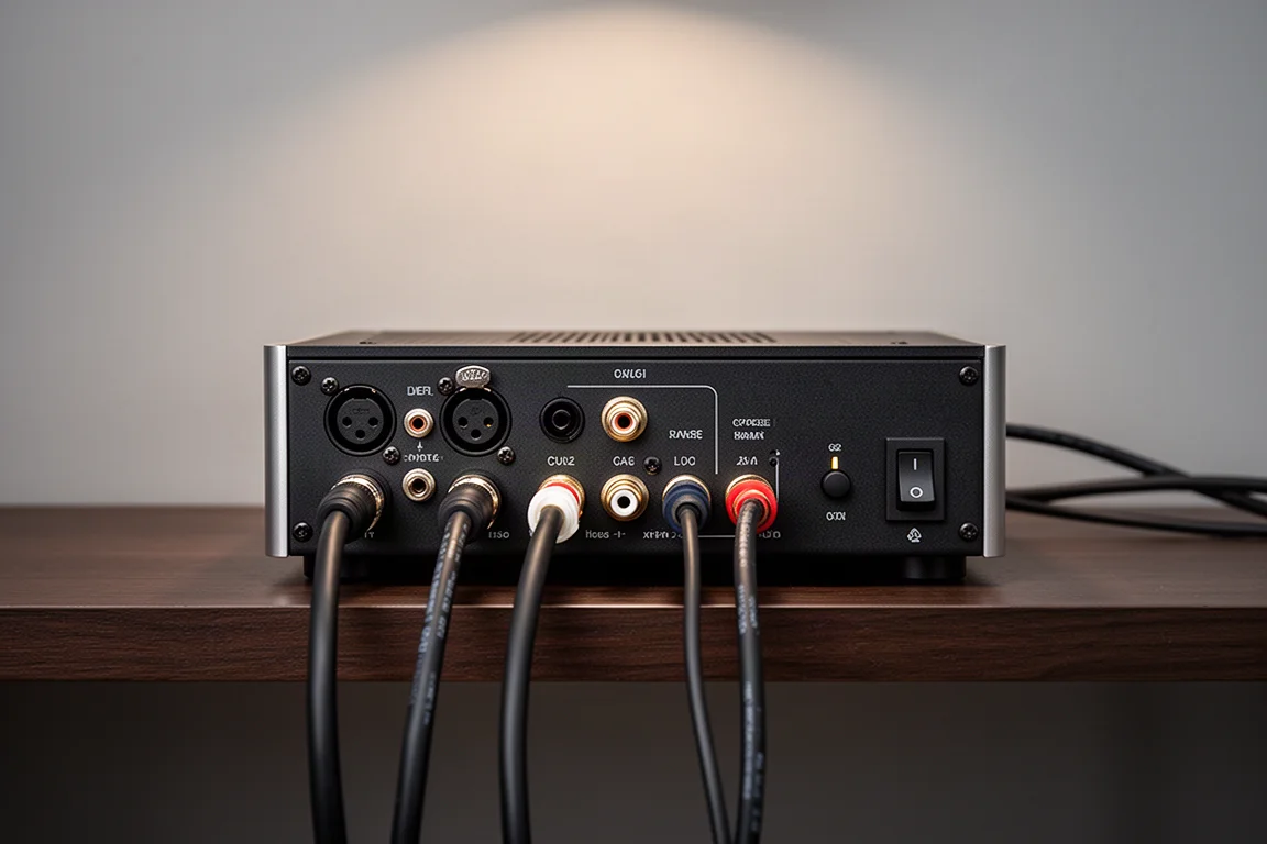 Baksidan av en kompakt förstärkare med XLR- och RCA-kablar anslutna