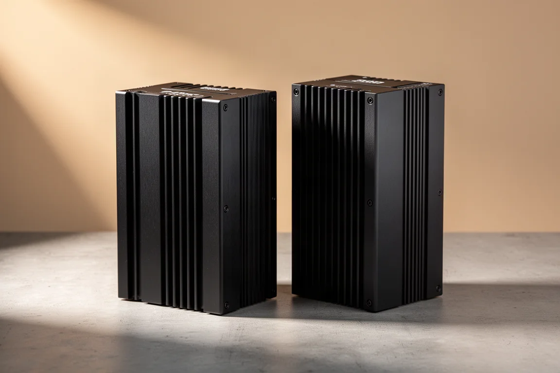 Two compact matte black monoblock amplifiers with heatsink fins on a concrete surface