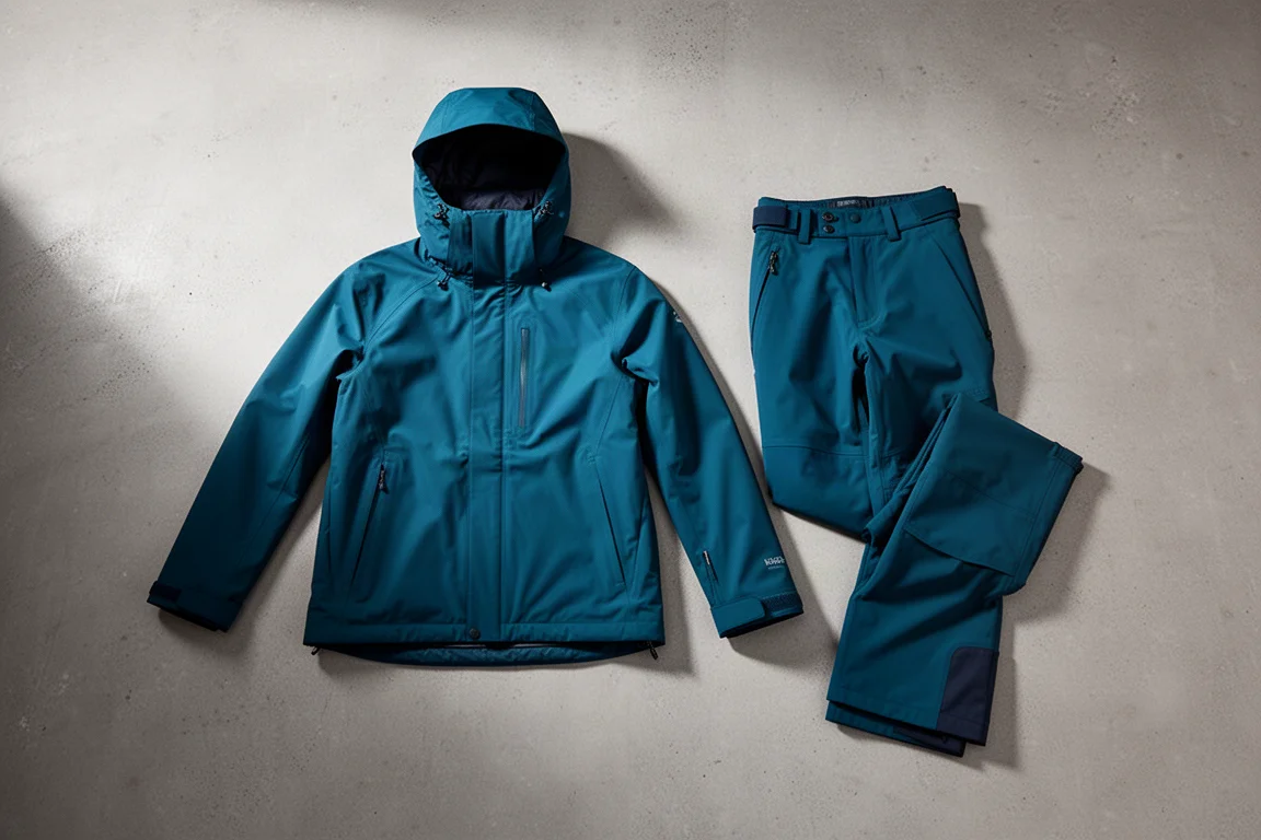 Blue teal hardshell ski jacket and pants set arranged on a concrete surface