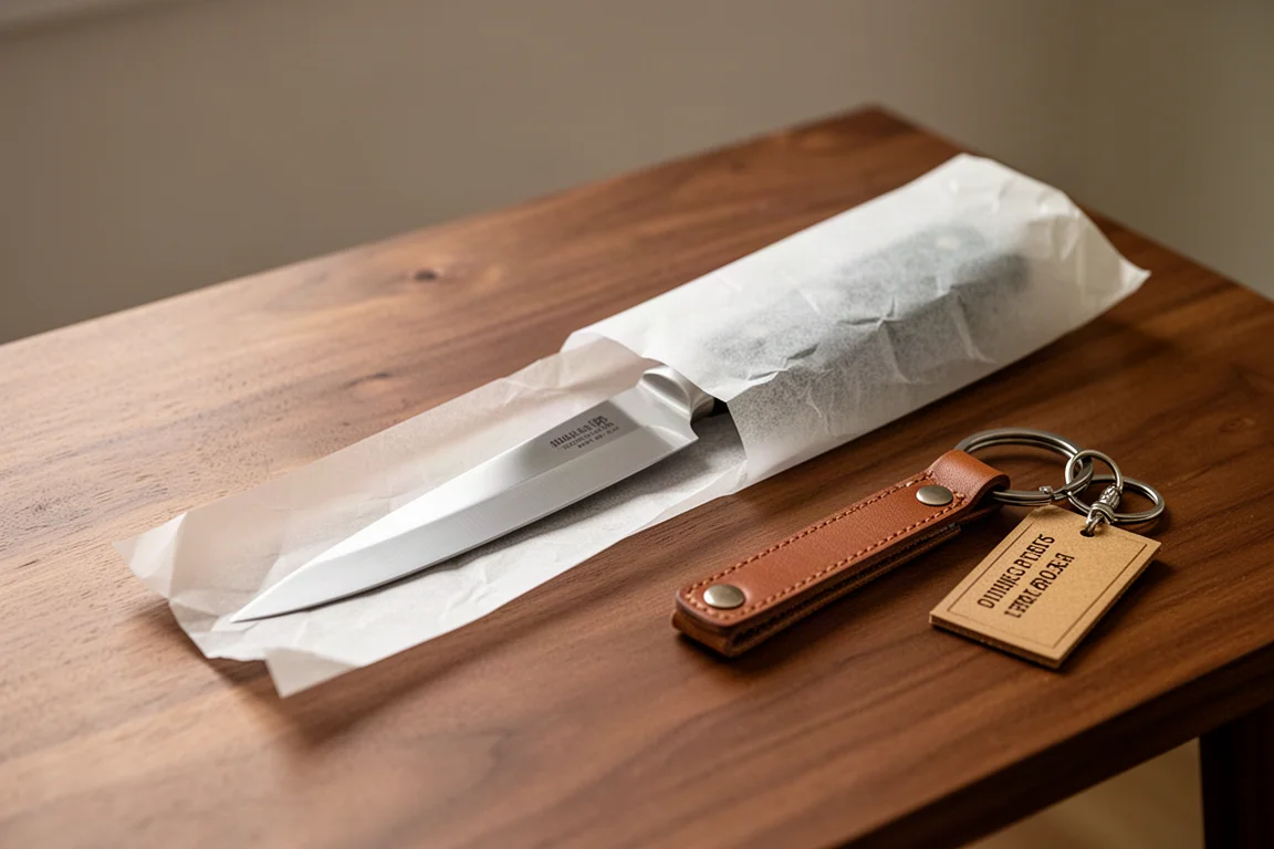 Kiritsuke-mes uitgewikkeld uit vetpapier op een houten tafel naast een leren band