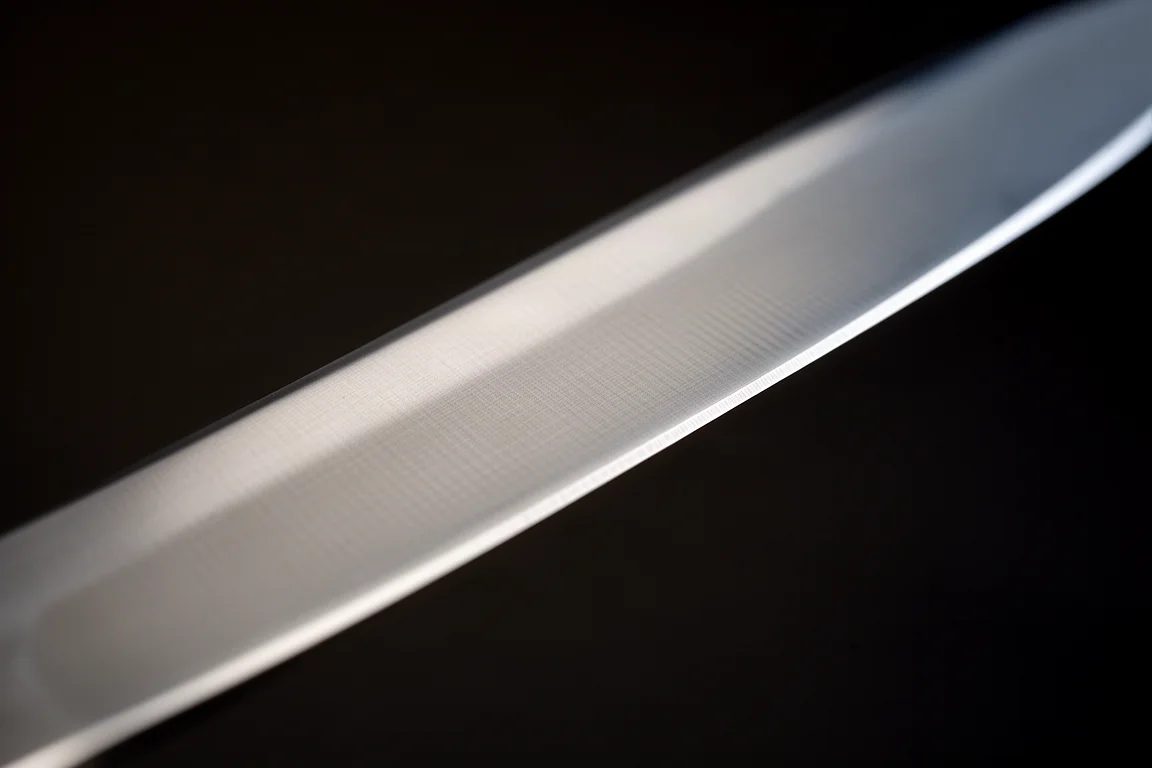 Close-up van de snijkant van een keukenmes met enkelvoudig slijpvlak in zacht licht