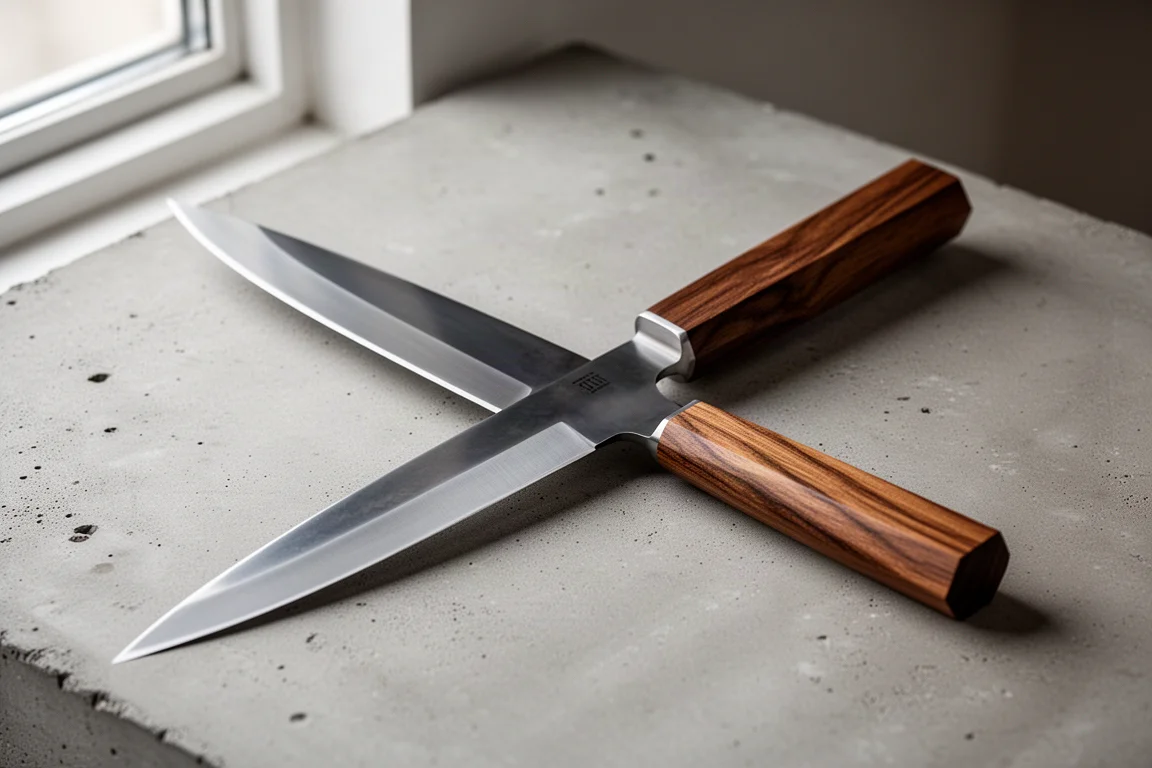 250mm single bevel kiritsuke knife with hardwood handle on concrete surface