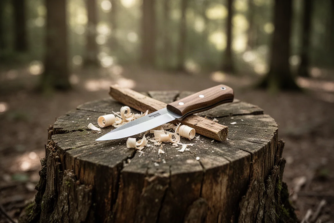 Coltello a lama fissa appoggiato su un ceppo consumato in luce boschiva