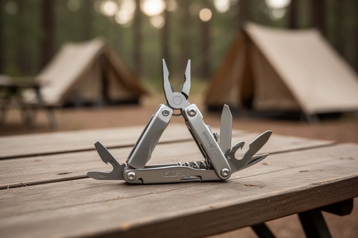 Mani che aprono un multi-tool compatto attorno al tavolo di un campeggio