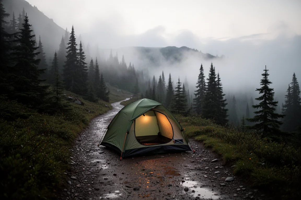 Senderista en solitario con ropa de lluvia recorriendo un sendero de montaña embarrado y cubierto de niebla al atardecer