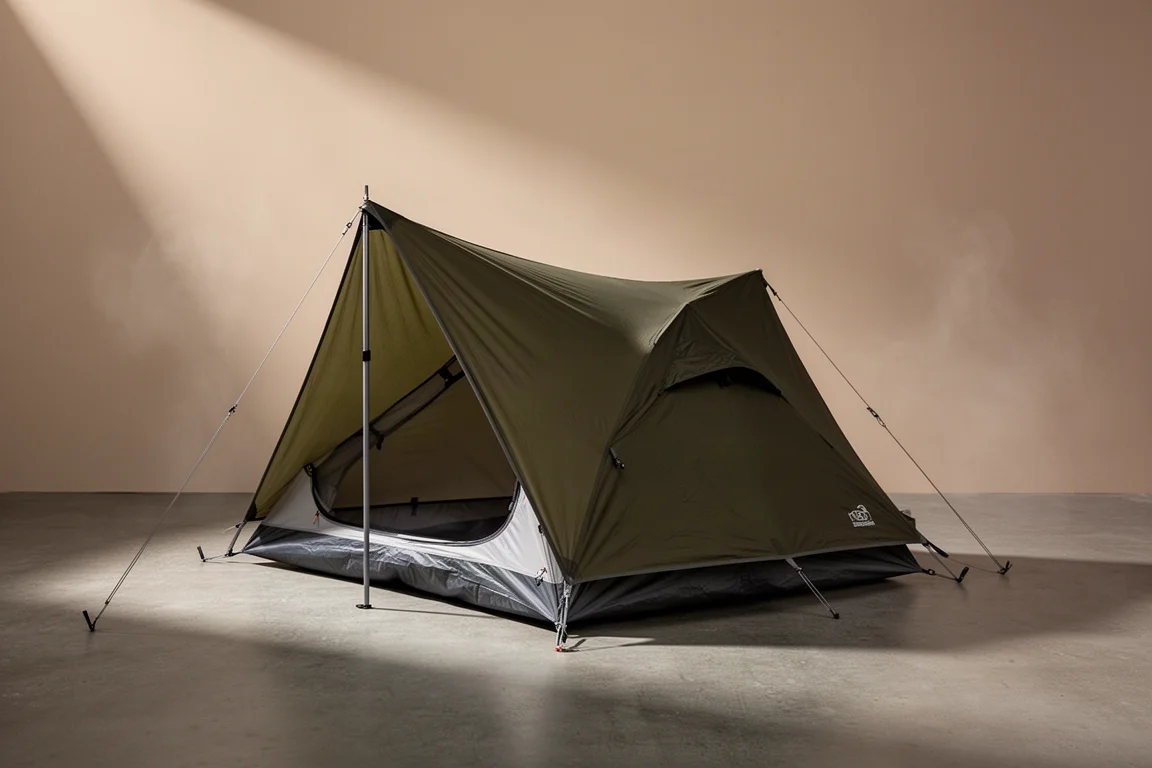 Compact one-person backpacking tent with olive flysheet pitched on a concrete surface