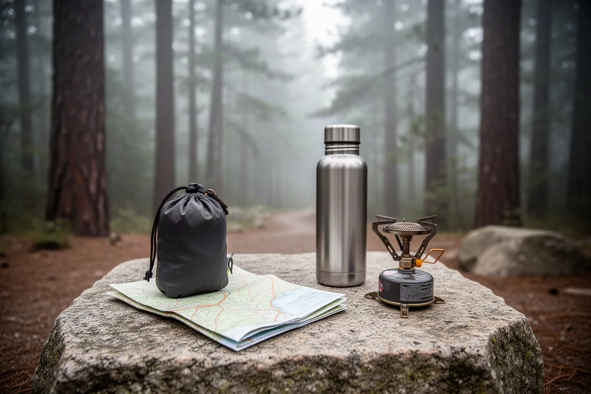 Hiker gear laid out on a granite slab at a forest trailhead in morning light