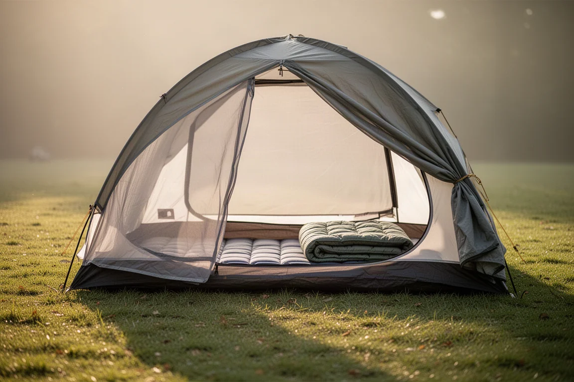 View through the open door of a small single-person tent on a grassy campsite