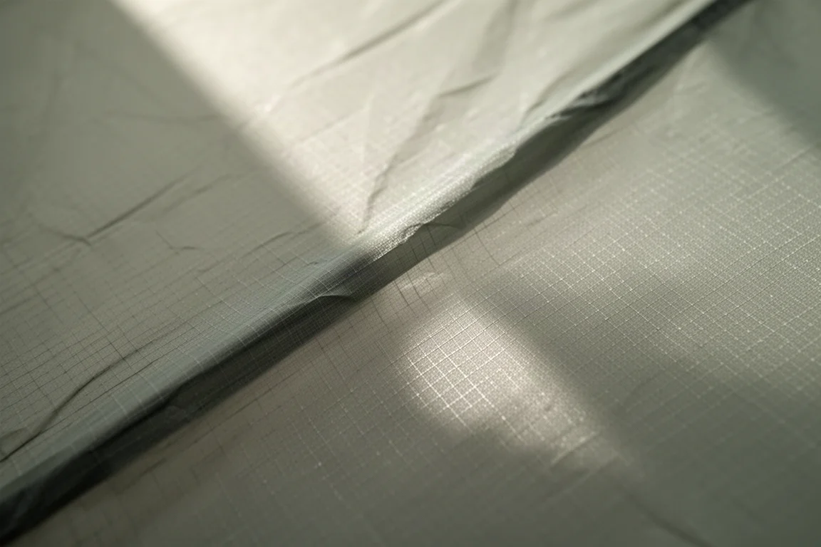Macro view of lightweight ripstop tent fabric stretched taut in raking daylight