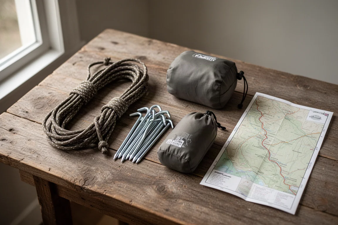 Flat-lay of camping essentials including guy line and tent stakes on a wooden table