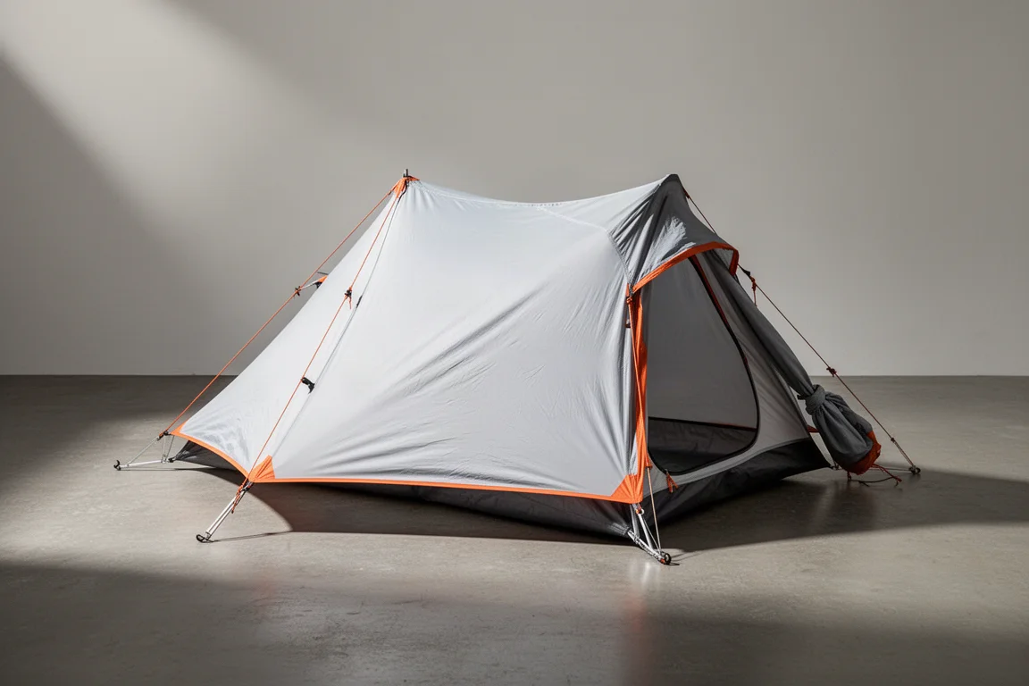 Compact single-person tent with pale grey fly and orange trim pitched on concrete floor