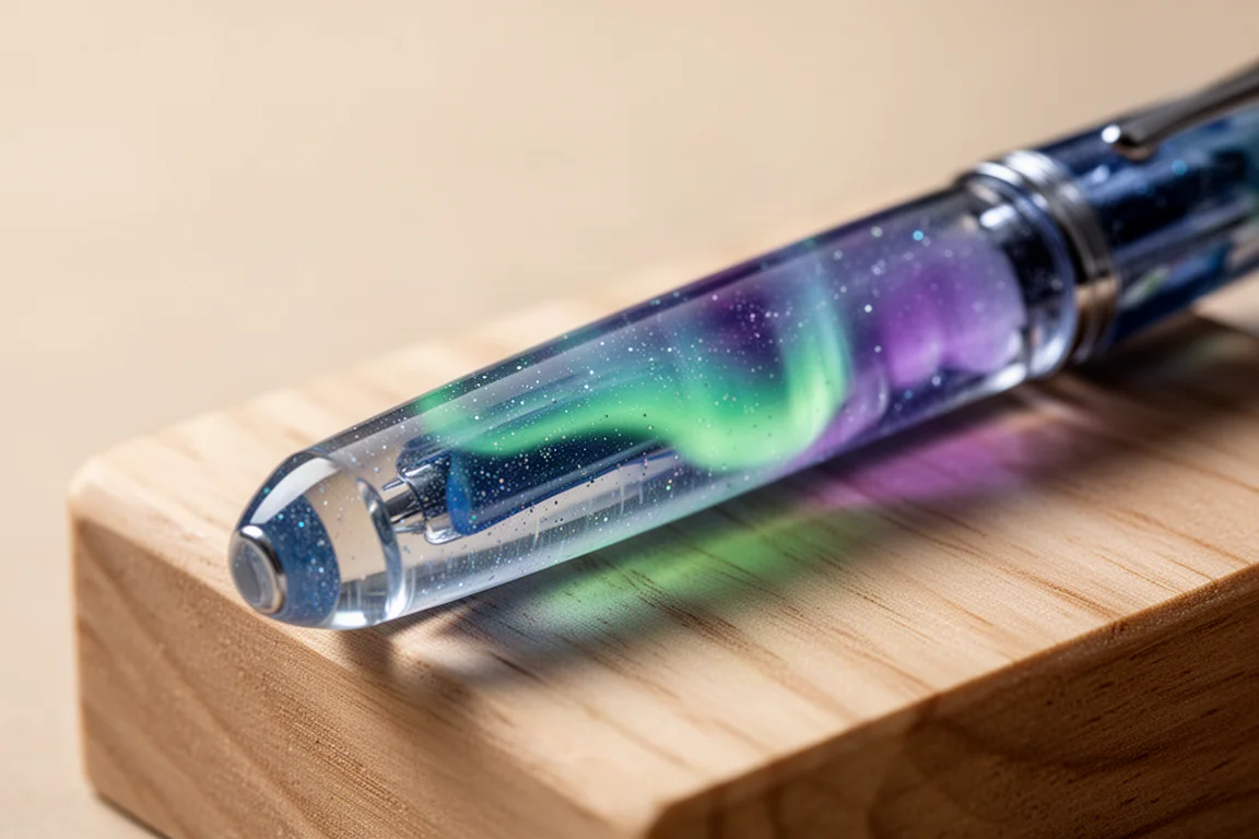 Translucent acrylic fountain pen barrel with blue, green, and purple swirls