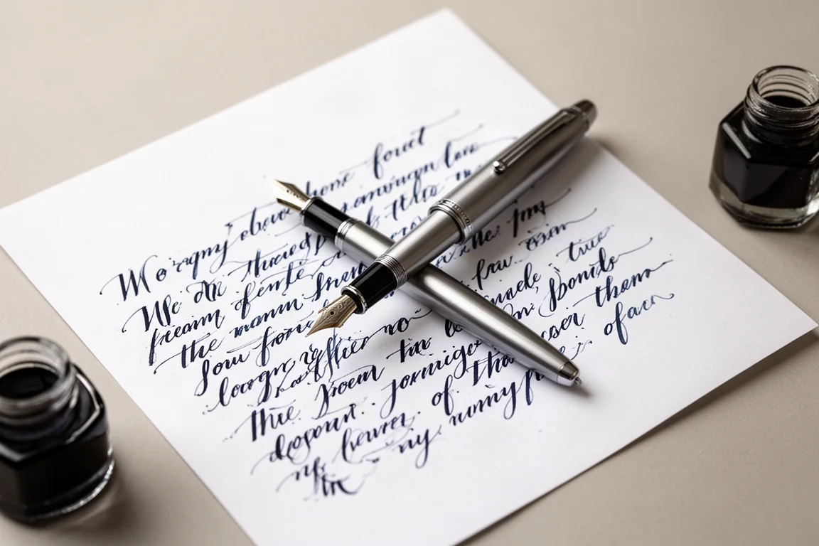 Fountain pen resting on a handwritten ink sample page