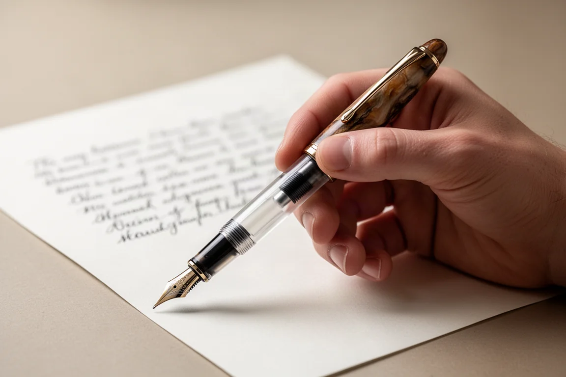 Fountain pen held in hand over a desk