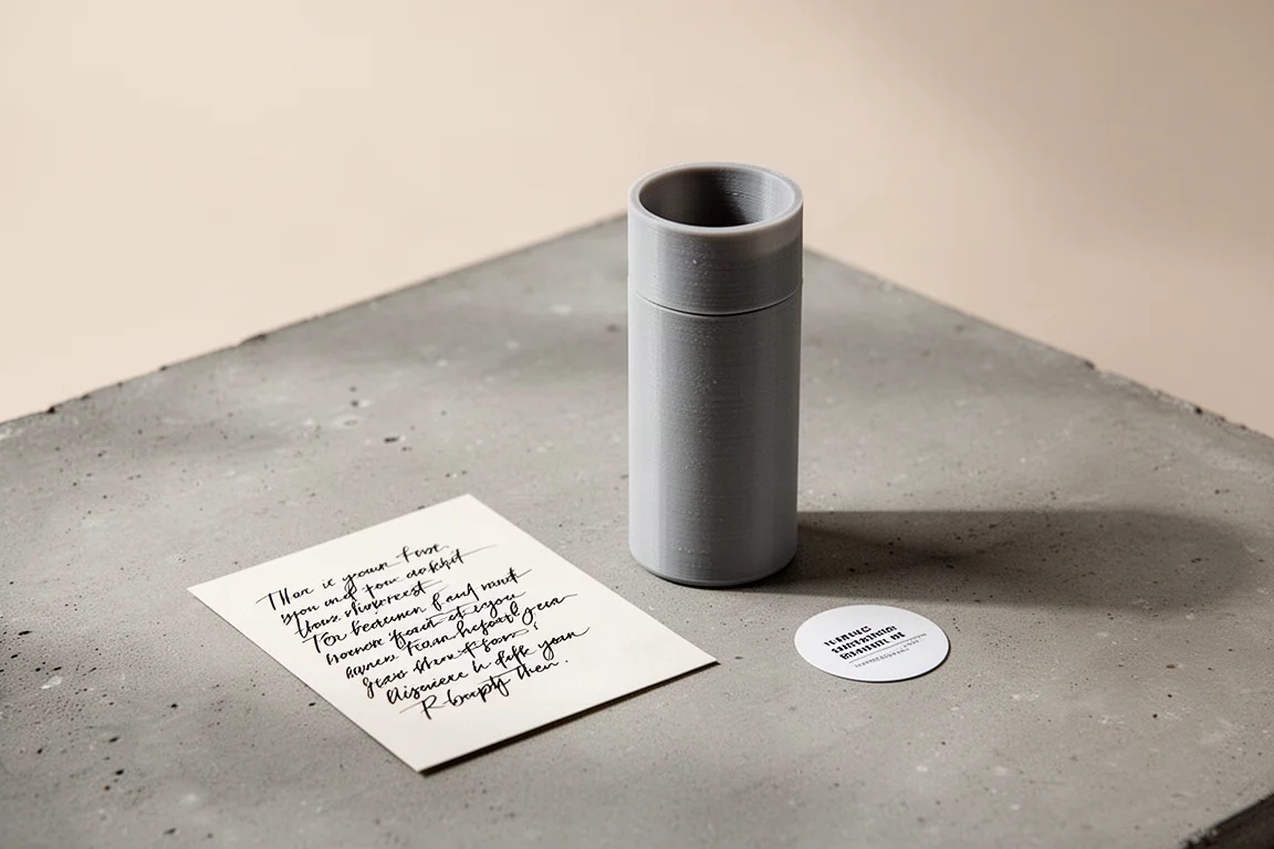 Fountain pen in a 3D printed protective tube beside packaging