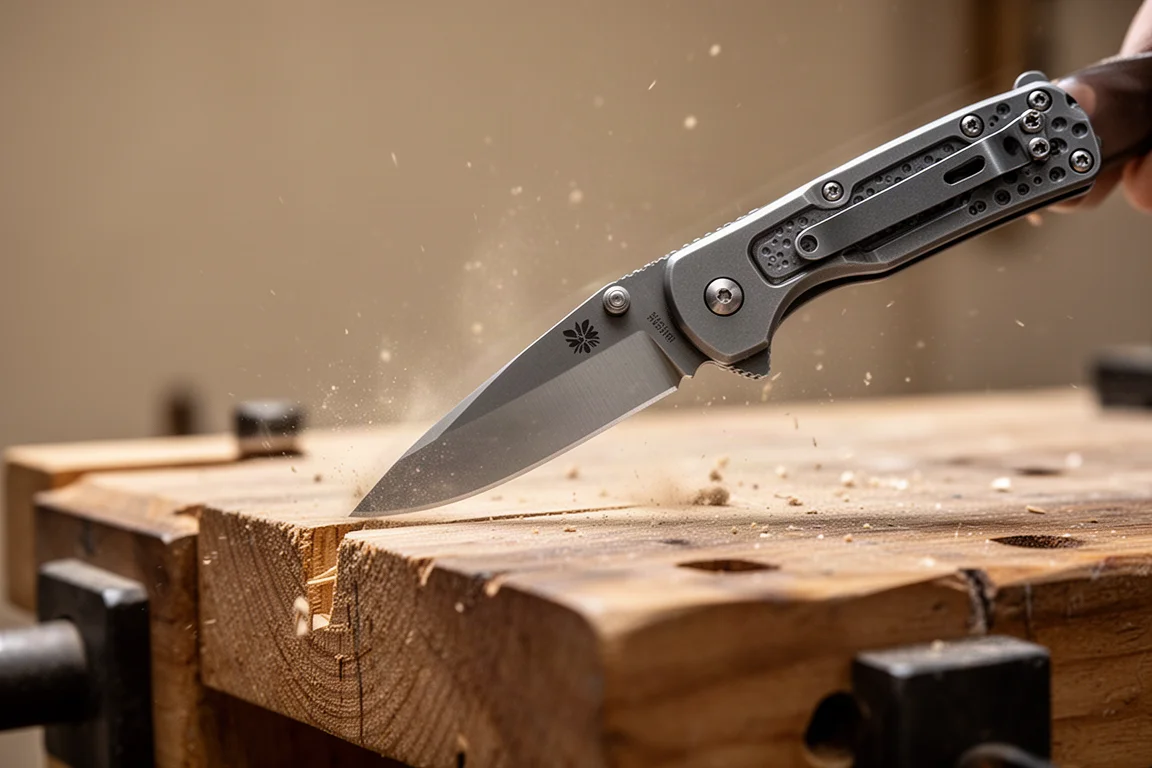 Folding knife blade held above a hard wooden surface mid-impact