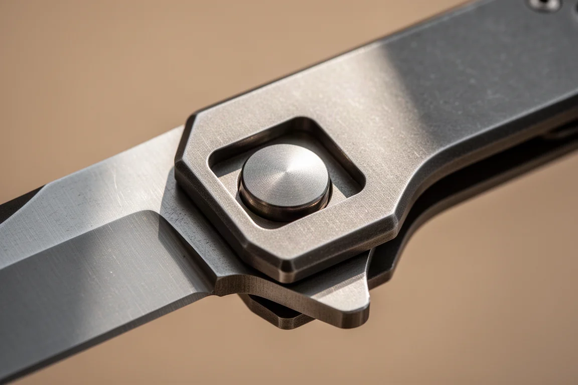 Close-up of a button lock mechanism with a 90-degree shelf cutout