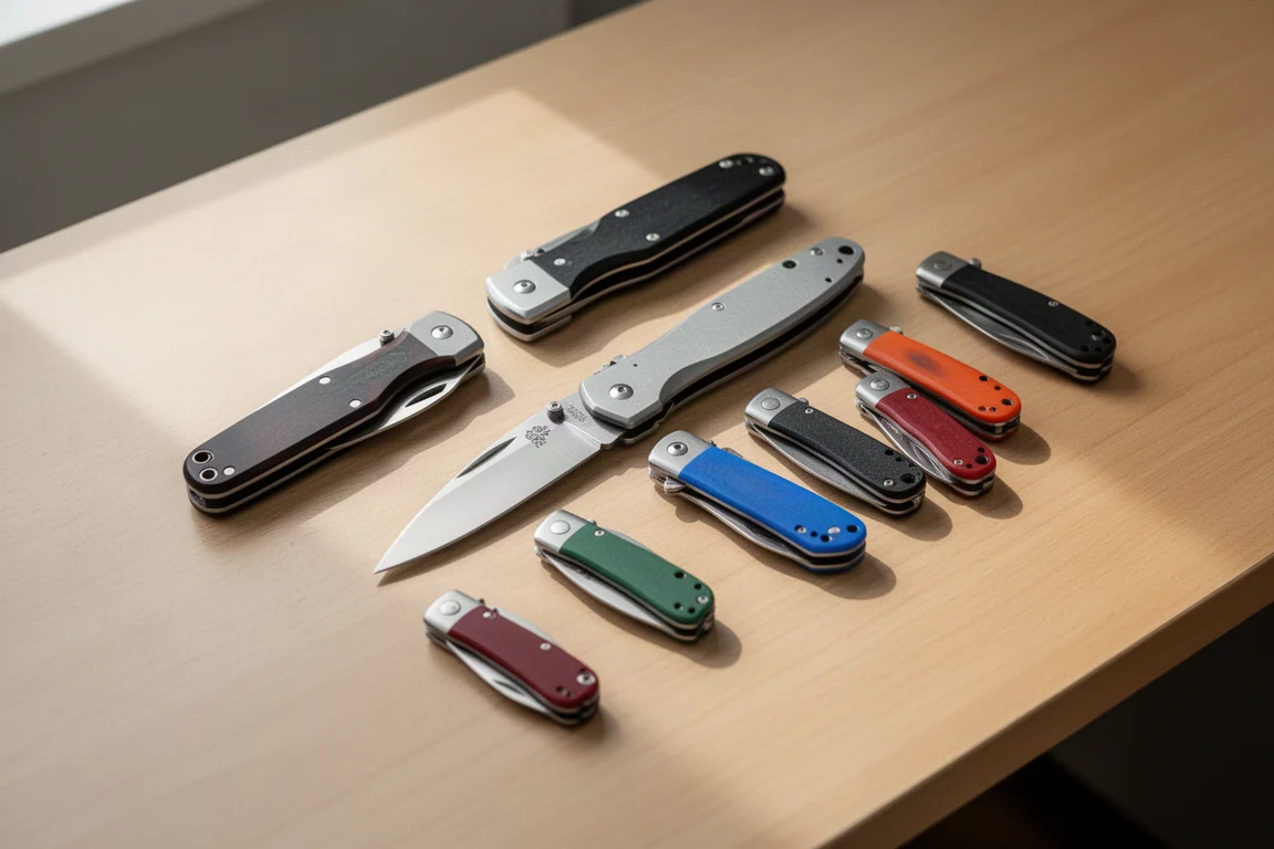 Pocket knives laid out on a desk during testing