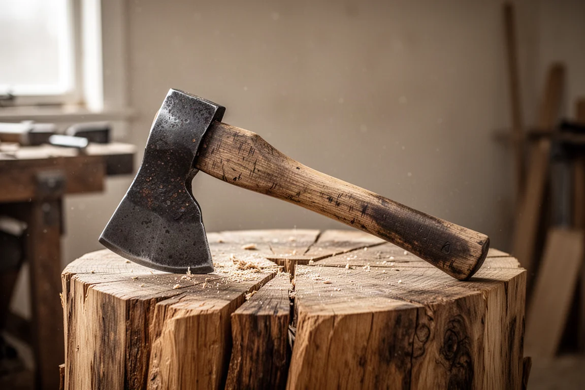 A well-used hand-forged axe resting on a weathered splitting stump
