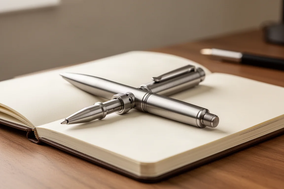 Person signing a notebook with a machined metal pen on a wooden desk
