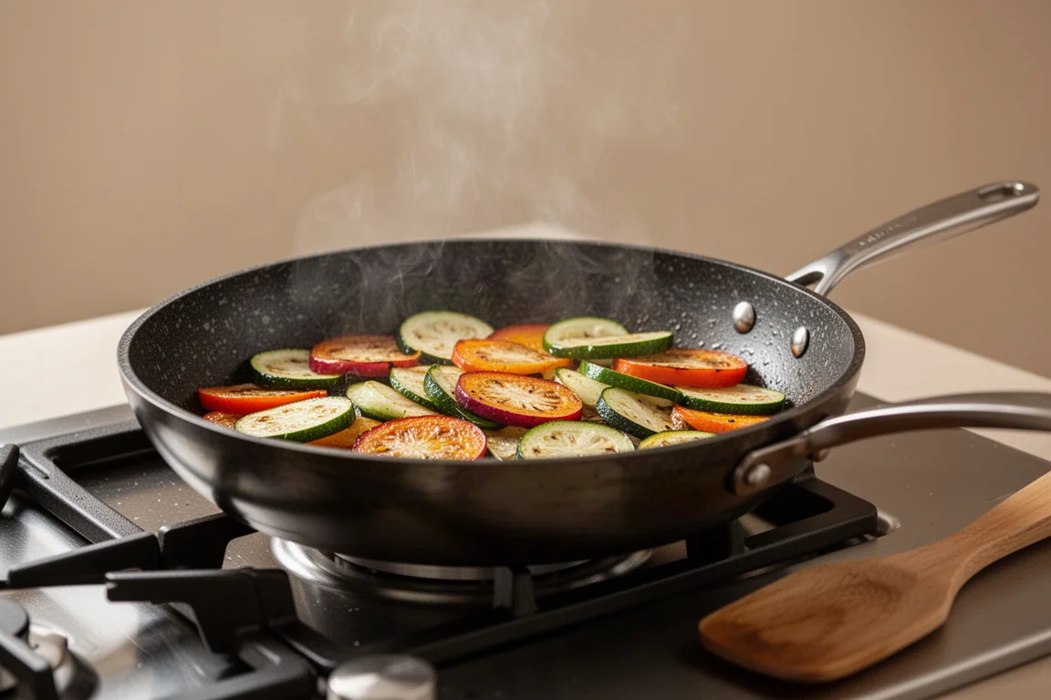 Carbon steel pan searing food on a stovetop with steam rising