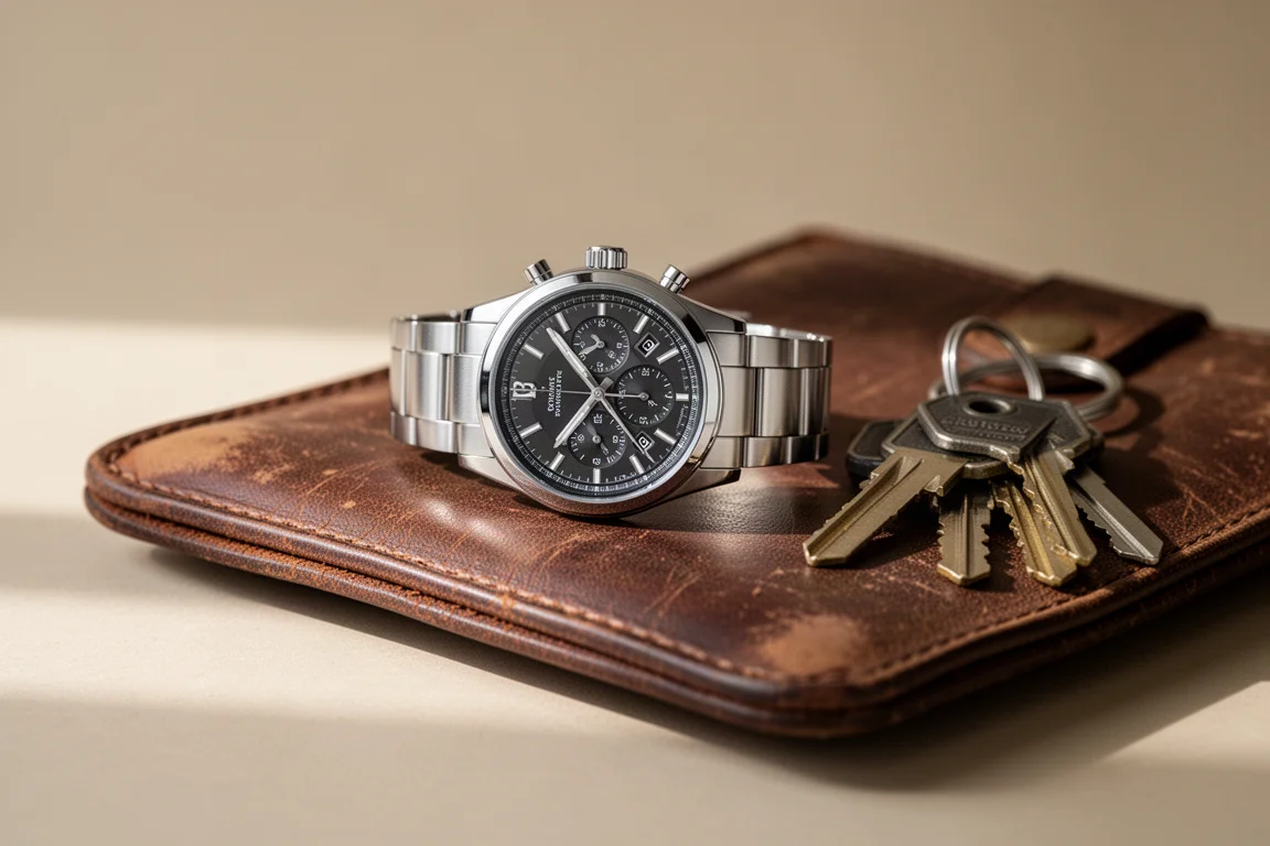 Mechanical wristwatch resting on a leather valet tray beside keys