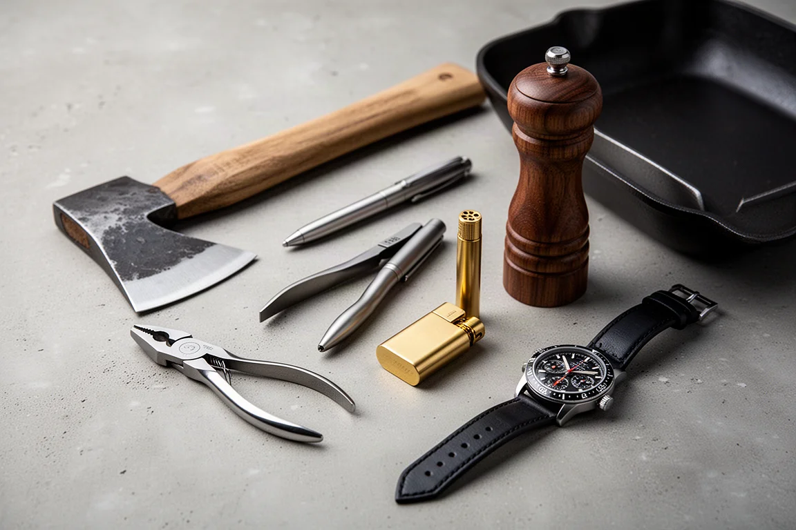 Flat arrangement of durable lifetime gear including an axe, pliers, pen, lighter, pepper mill, pan, and wristwatch on concrete