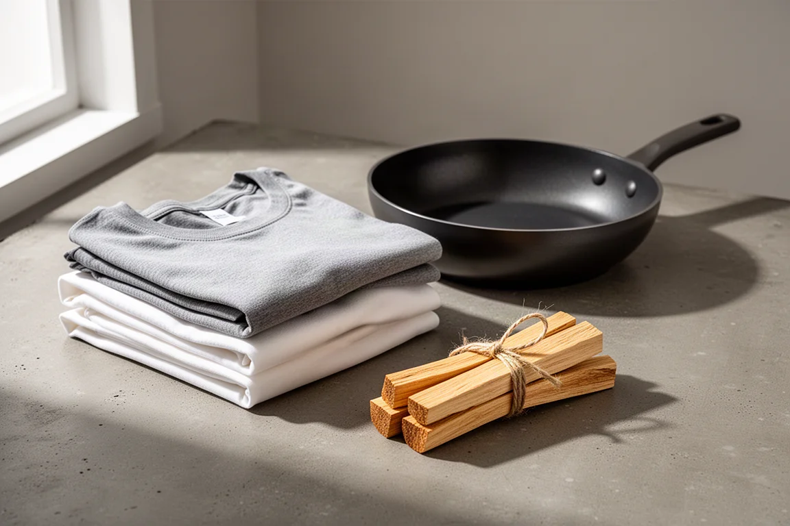 Folded t-shirts, a dark nonstick pan and a bundle of Palo Santo sticks arranged on concrete