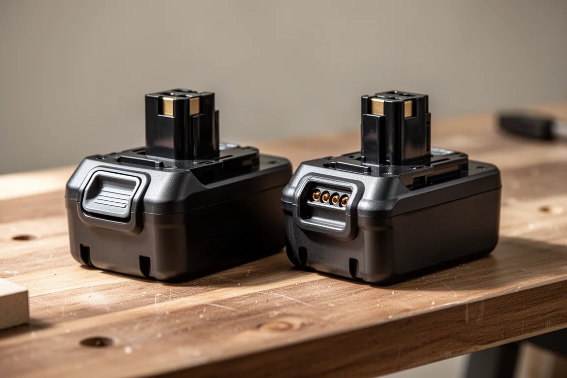 Gros plan sur deux batteries d'outils sans fil posées sur un banc en bois