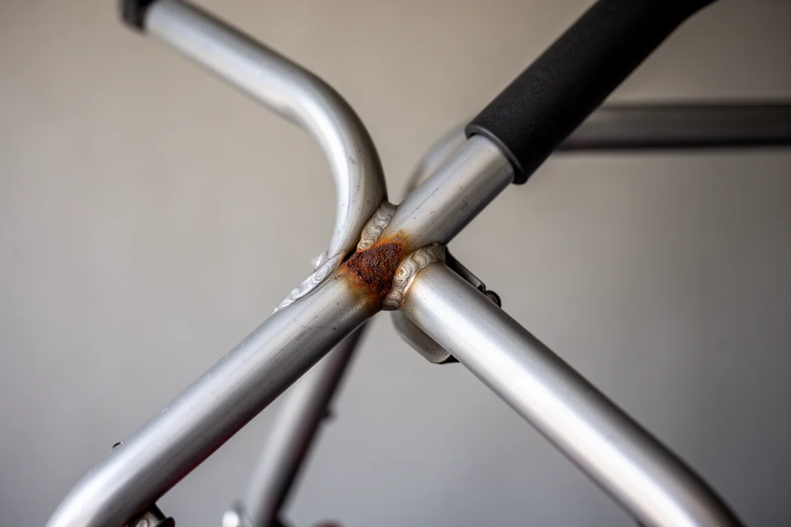 Manche plié d'une tondeuse montrant une petite tache de rouille au niveau du point de pliage