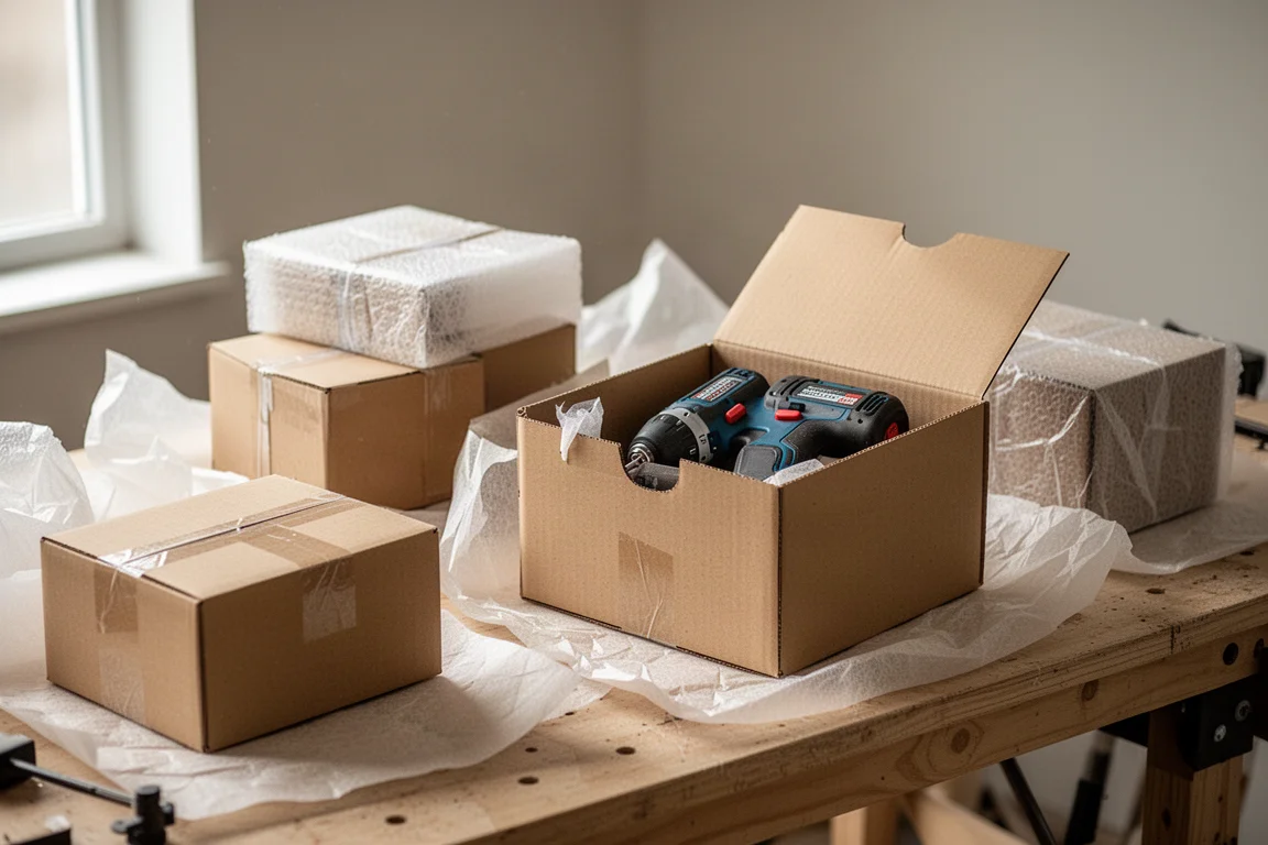 Établi avec des outils électriques sans fil déballés de leur papier d'emballage protecteur