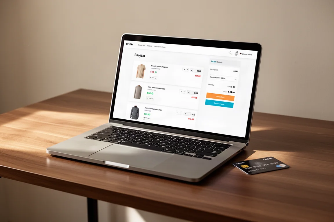 Ordinateur portable affichant une boutique en ligne avec une carte de crédit à côté