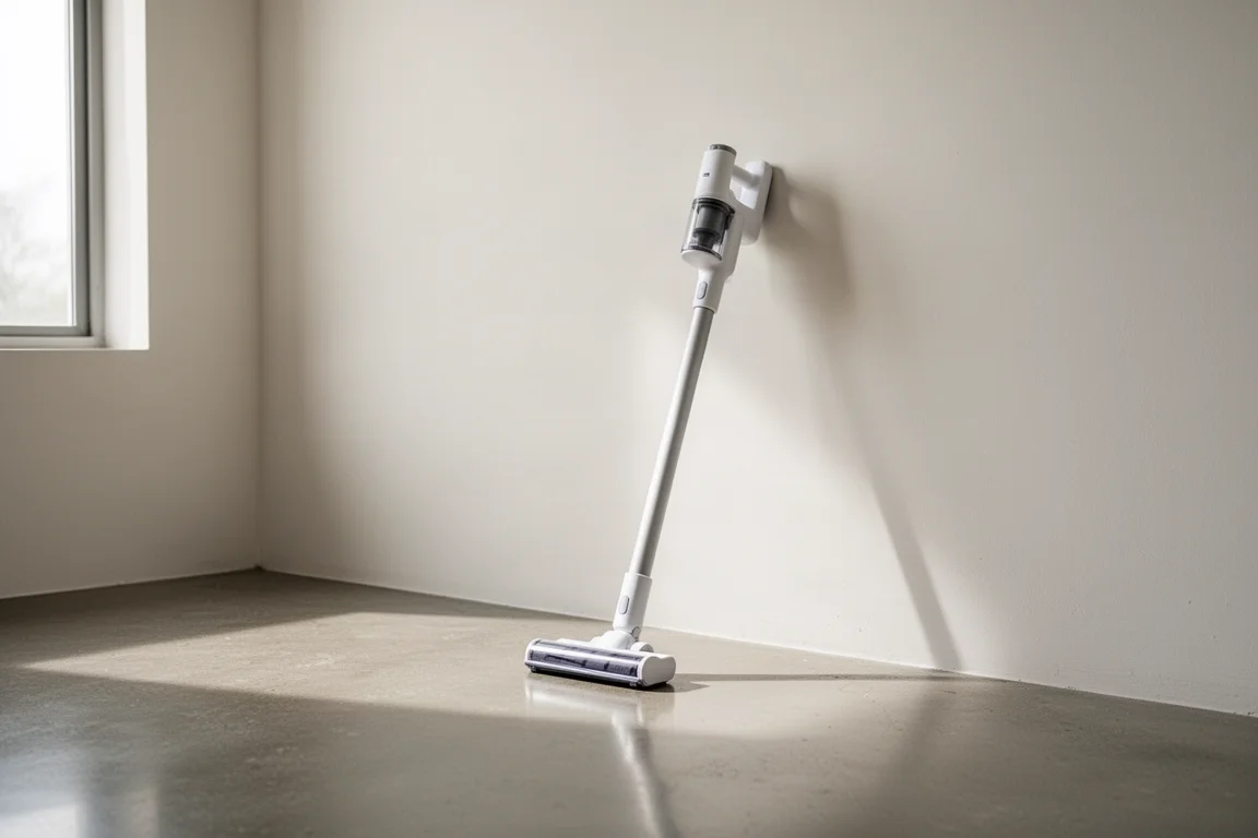 Aspirateur balai sans fil blanc posé sur un sol en béton propre