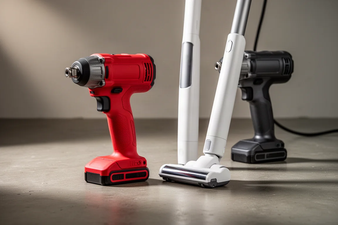 Red cordless impact driver and white stick vacuum arranged on concrete floor