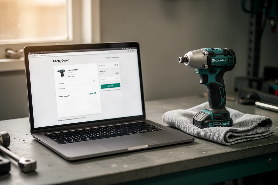 Bancada de oficina com um notebook exibindo uma página de compras online e uma parafusadeira de impacto sem fio ao lado