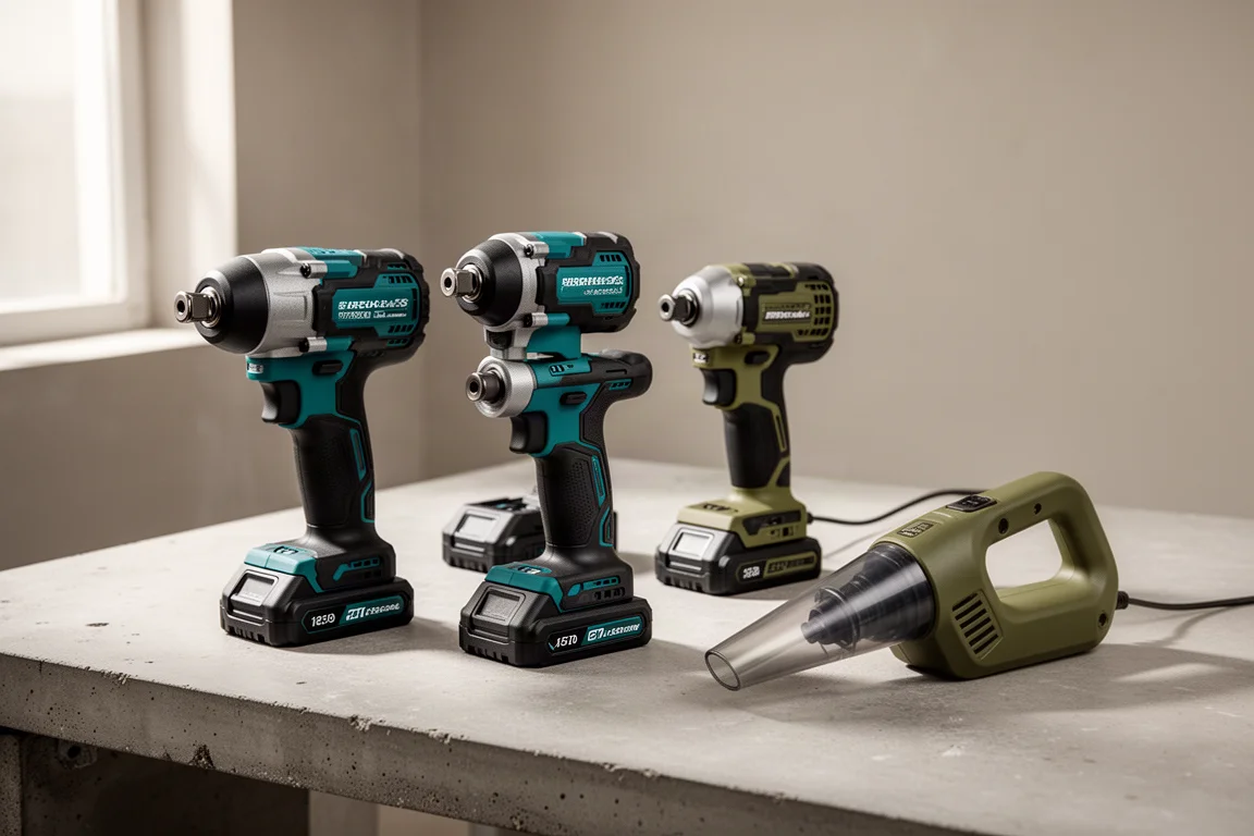 Cordless impact wrenches, impact driver, and handheld vacuum arranged on a concrete surface