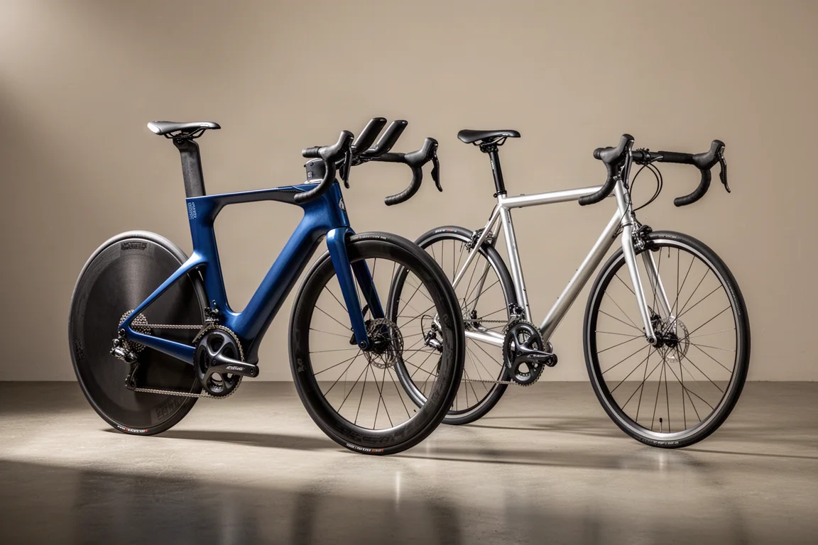 Carbon triathlon bike with disc wheel beside an aluminium road bike on a concrete floor