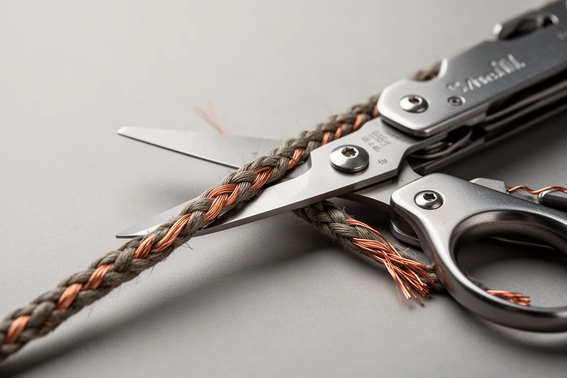 Multiverktygets sax klipper genom tufft Paracord-liknande rep