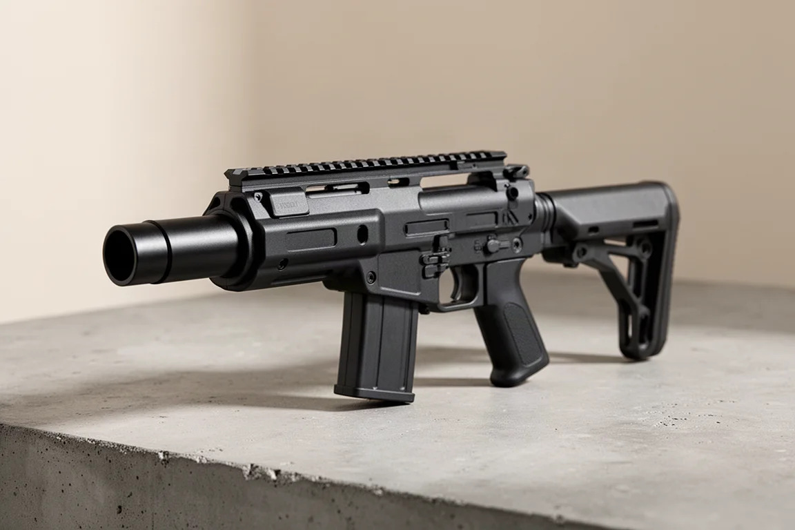 BYRNA TCR 緊湊型戰術發射器置於霧面水泥表面上