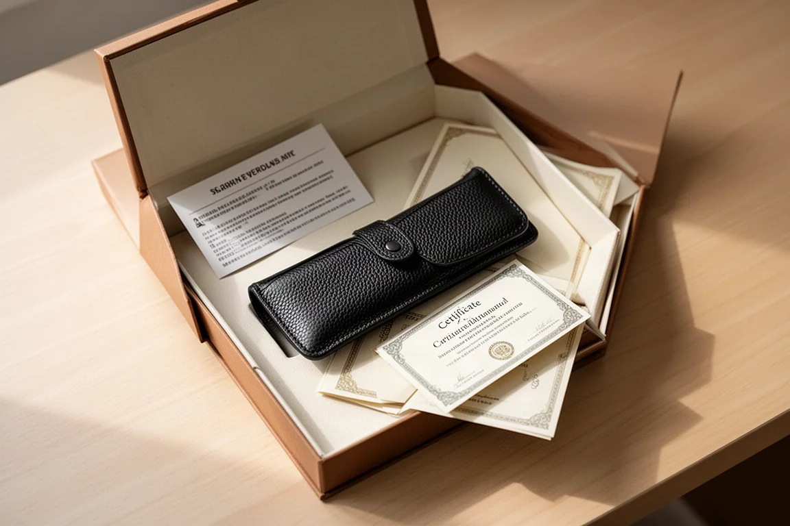 Het uitpakken van een leren pen-etui met garantiecategorie en leer certificaat op een bureau