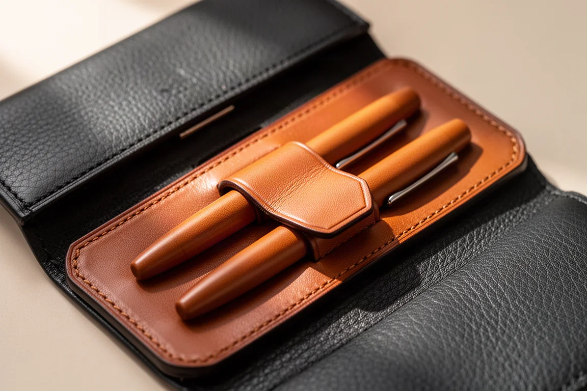 Binnenzijde van een pen-etui met twee enkelvakken en een beschermende klep
