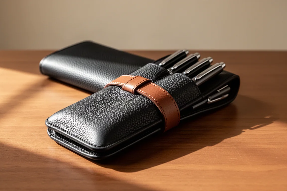 Gesloten pen-etui dat licht uitbolt met zes pennen, in schuine hoek gefotografeerd