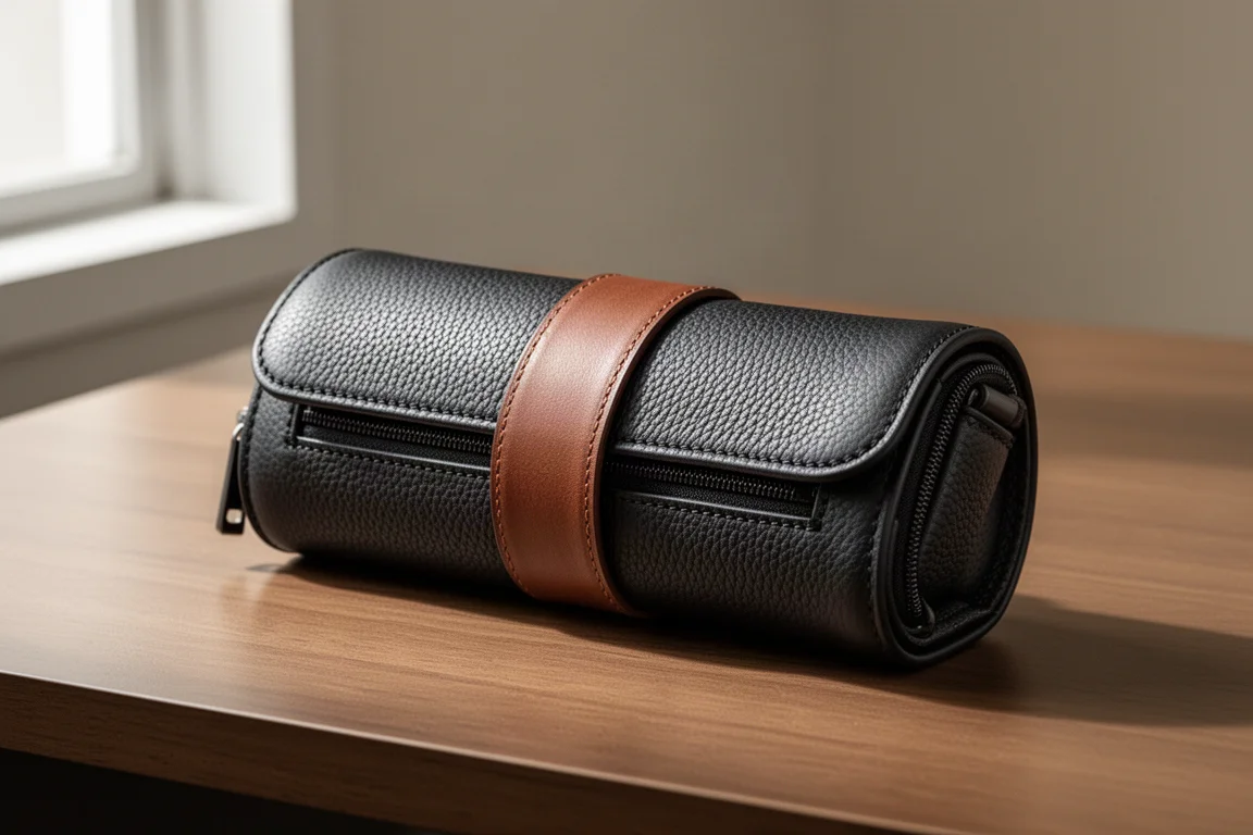 Black textured leather pen case with brown center belt on a wooden desk