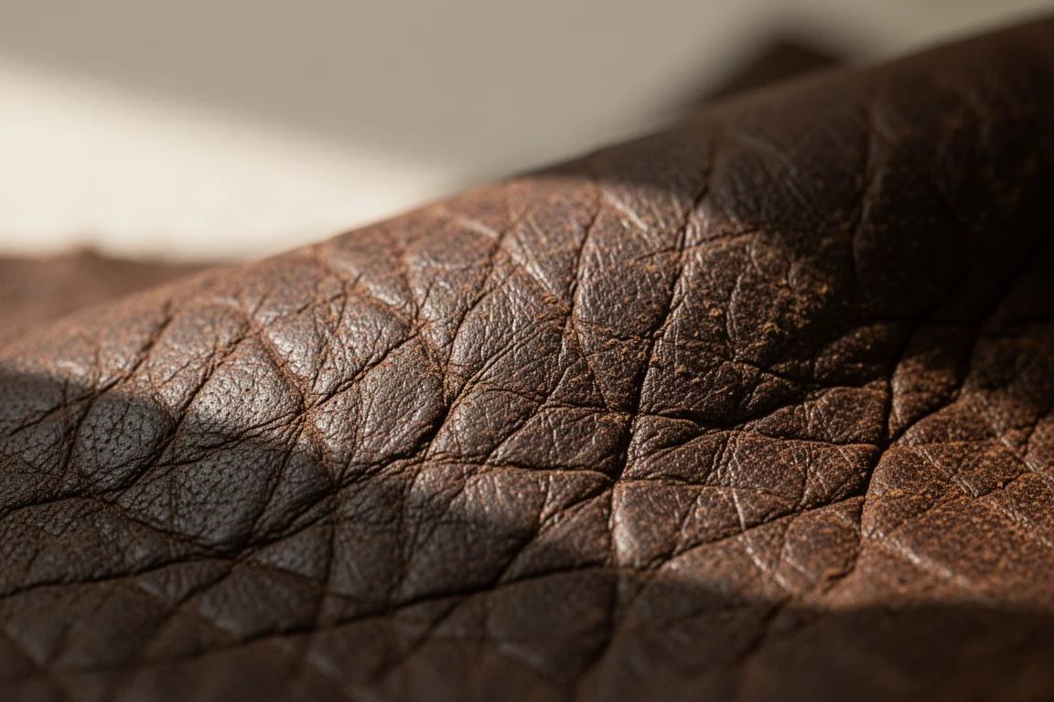 Close-up of shrunken leather texture showing natural grain and creases