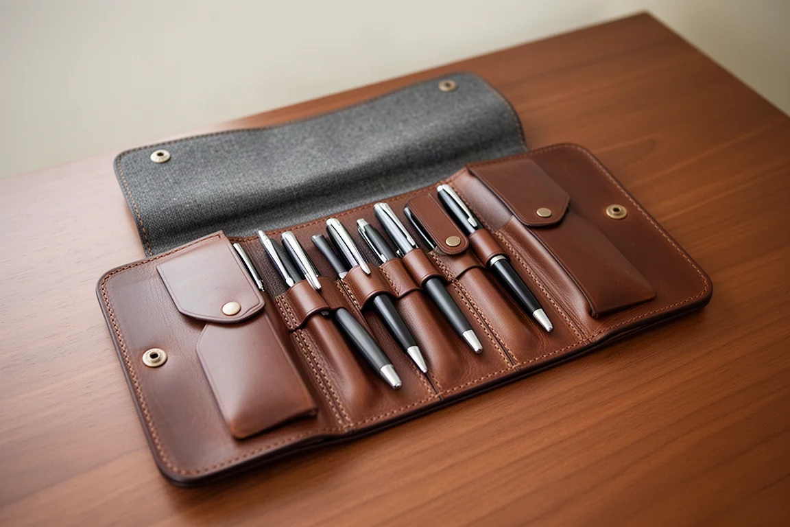 Open leather pen case with pens inserted in elastic-style holders