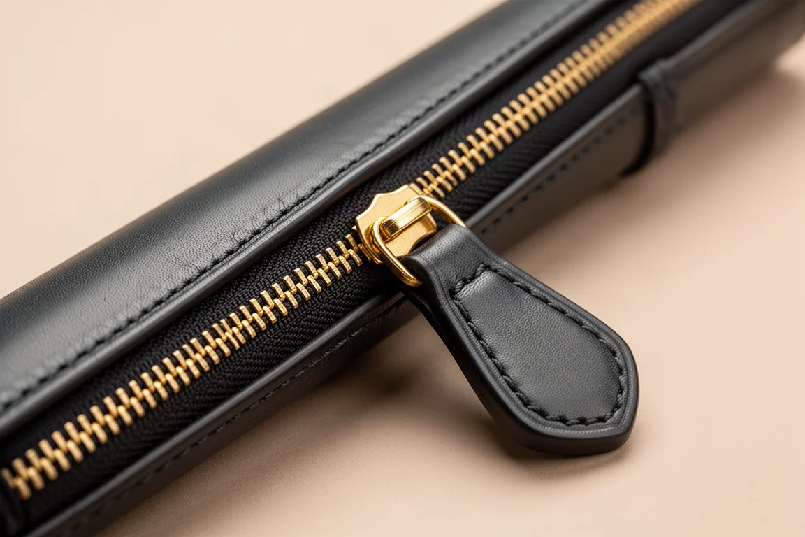 Detail of a metal zipper with leather pull tab on a leather pen case