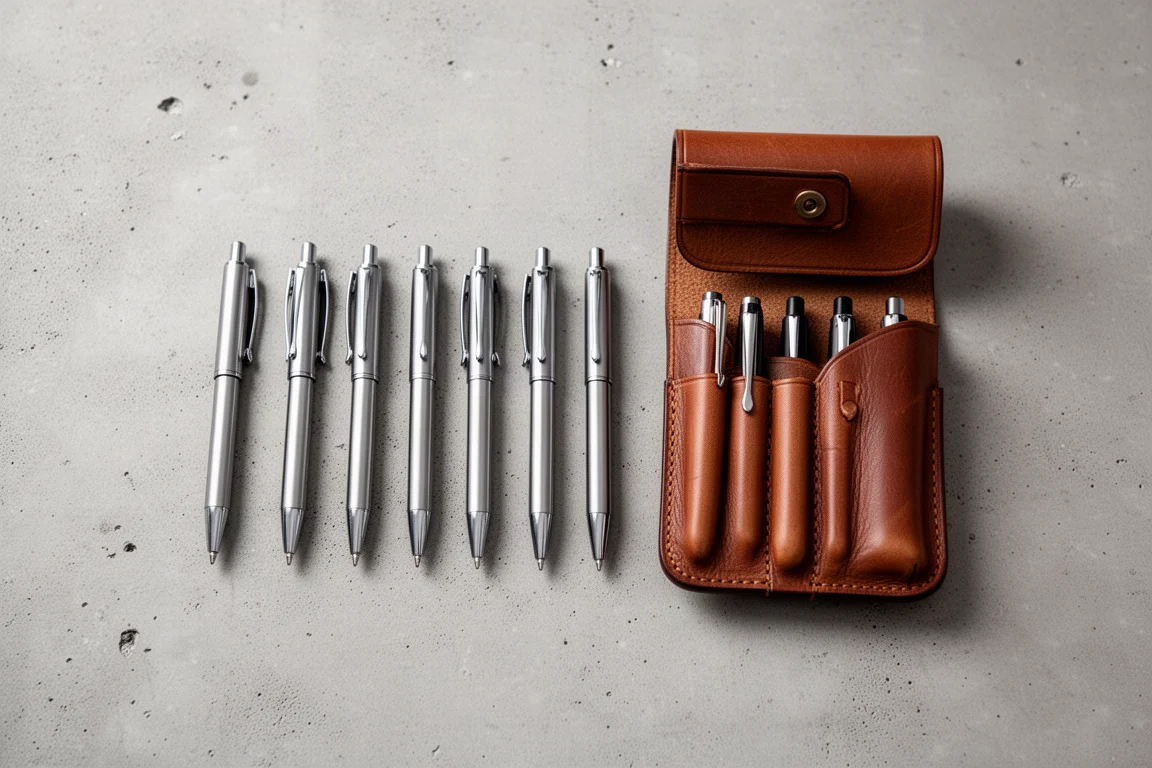 Flat-lay of multiple ballpoint pens arranged beside an open pen case