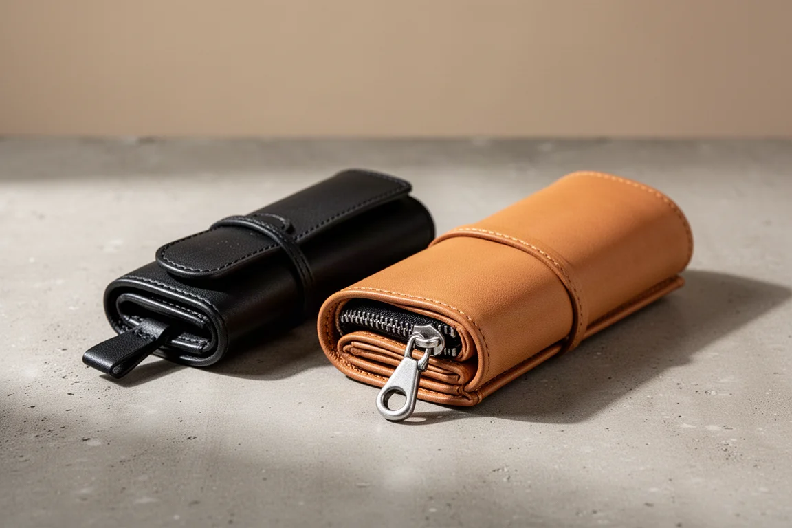 Two leather roll pen cases side by side on a concrete surface