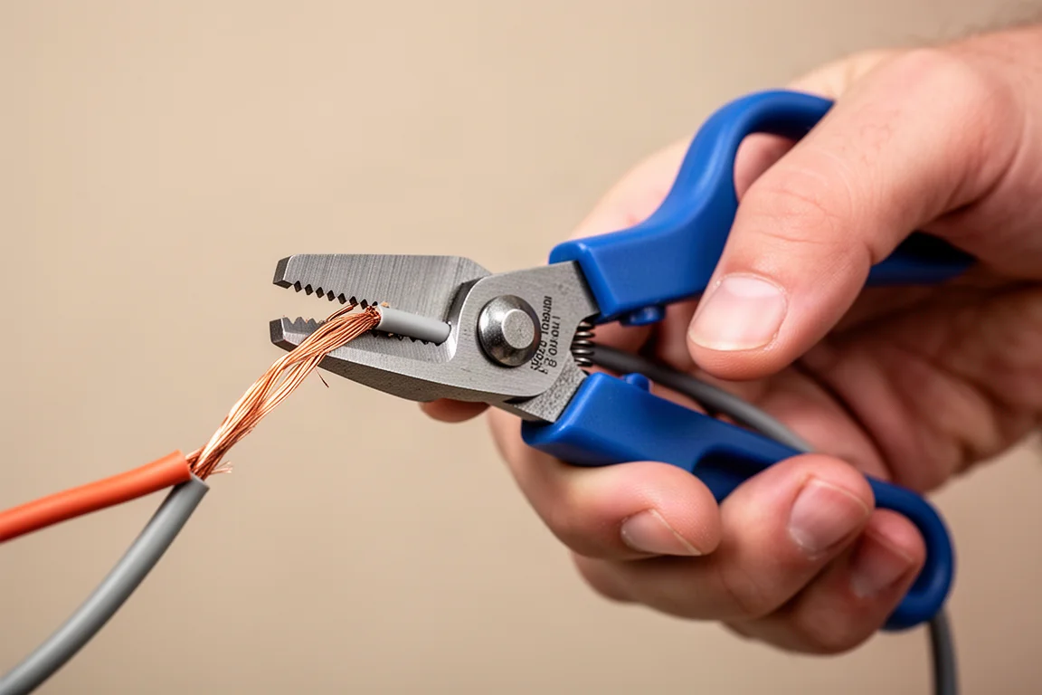 Mão usando o entalhe descascador da tesoura para remover a isolação de um fio